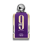 Frasco de AFNAN 9 PM Pour Femme Eau de Parfum 100 ml – Diseño elegante en púrpura con una tapa plateada brillante, destacando el logotipo '9 PM' en el centro del frasco. Esta presentación sofisticada refleja la esencia moderna y lujosa del perfume.